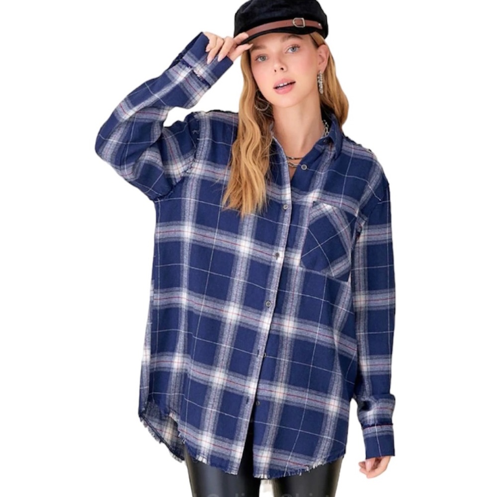 La Miel Distressed Oversized Flannel Western Shirt Size Small